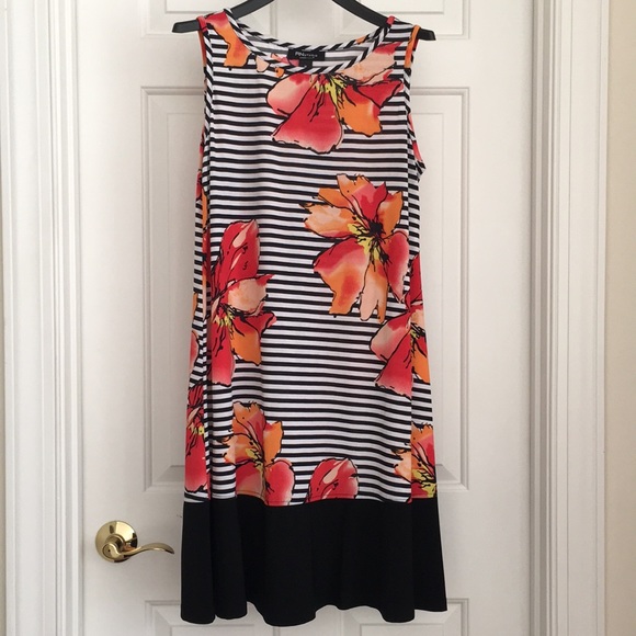 HP🔥 RN Studio Women’s Dress M Sleeveless Floral Bright Tropical Black Border - Picture 2 of 11